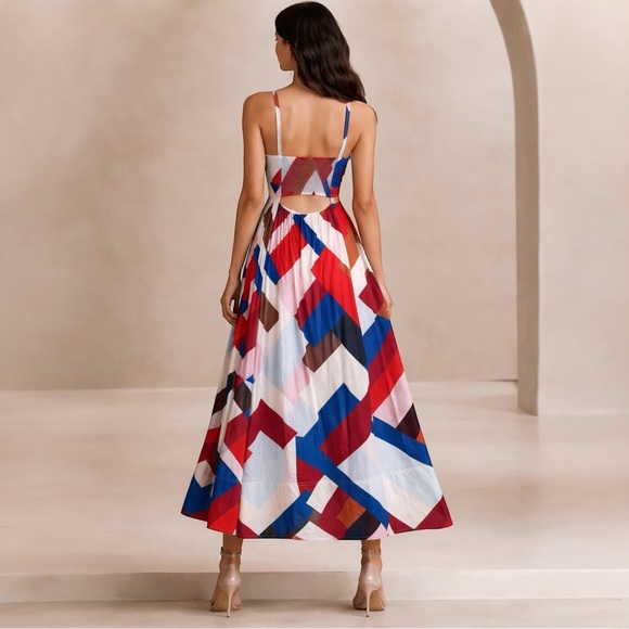 Banana Republic Isa Cotton-Silk   Geometric Maxi Dress Sz 4 - Picture 2 of 11